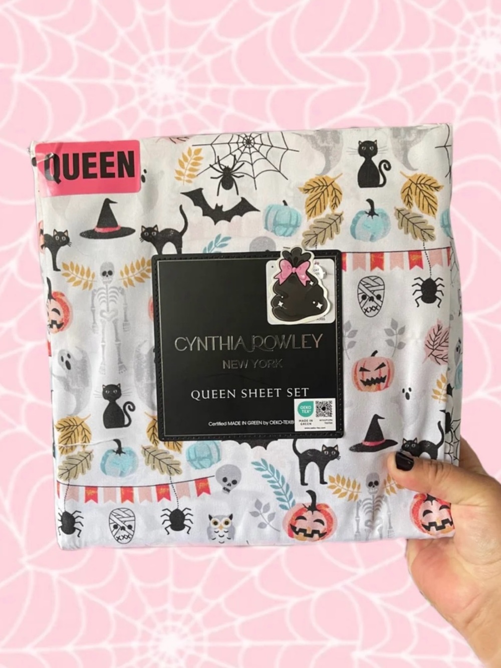 Cynthia Rowley Queen Sheet Set - Halloween Cats & Pumpkins - White